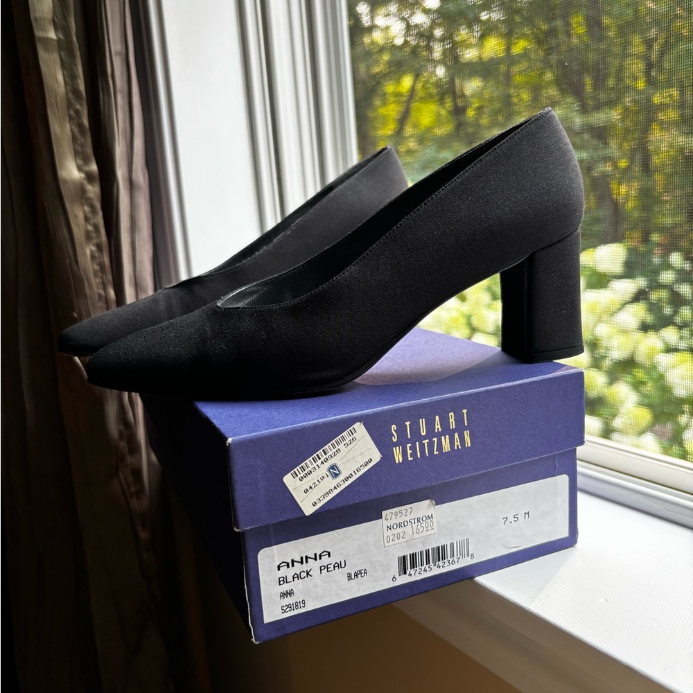 Stuart Weitzman Black Block Heel Pumps (Peau de Soie - Silk)